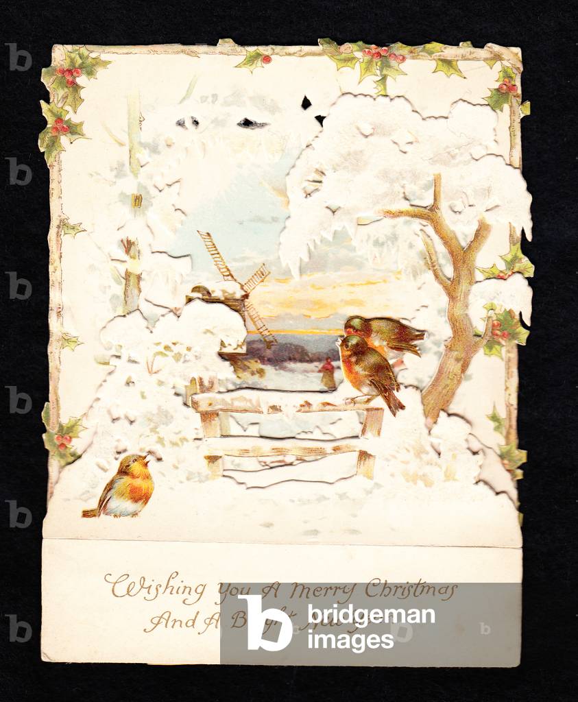 A Victorian three dimensional Christmas and New Year card of a windmill and robins perched on a snow covered gate, c.1880 (colour litho)