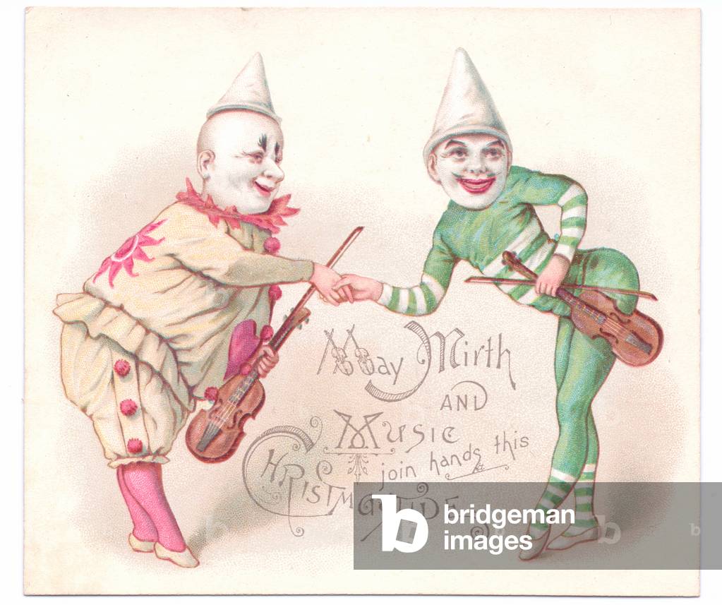 Victorian Christmas card of two clowns holding violins shaking hands, c.1880 (colour litho)