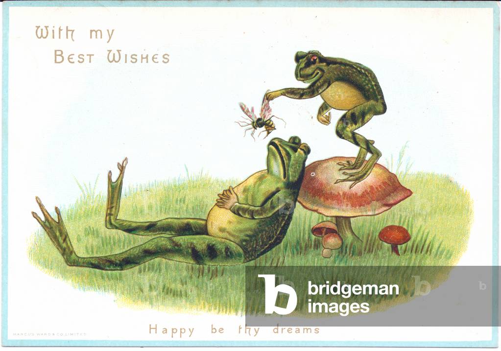 A Victorian greeting card of a frog standing on a mushroom and holding a wasp over a sleeping frog, c.1880 (colour litho)