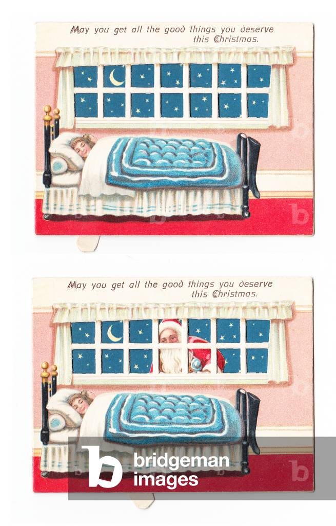 A Victorian mechanical Christmas card of two sleeping children visited by Santa Claus once the card is opened, c. 1890 (colour litho)