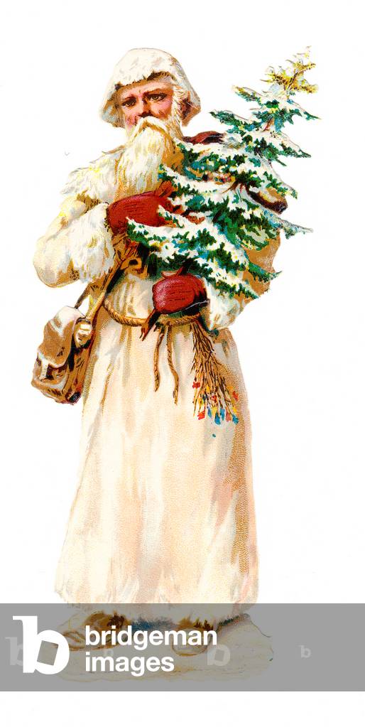 A Victorian Paper Scrap Relief of Father Christmas holding a Christmas tree, c.1880 (colour litho)