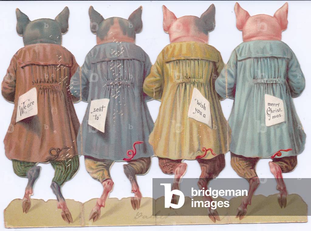 A Victorian die-cut shape Christmas card of four pigs wearing human clothes, c.1880 (colour litho)