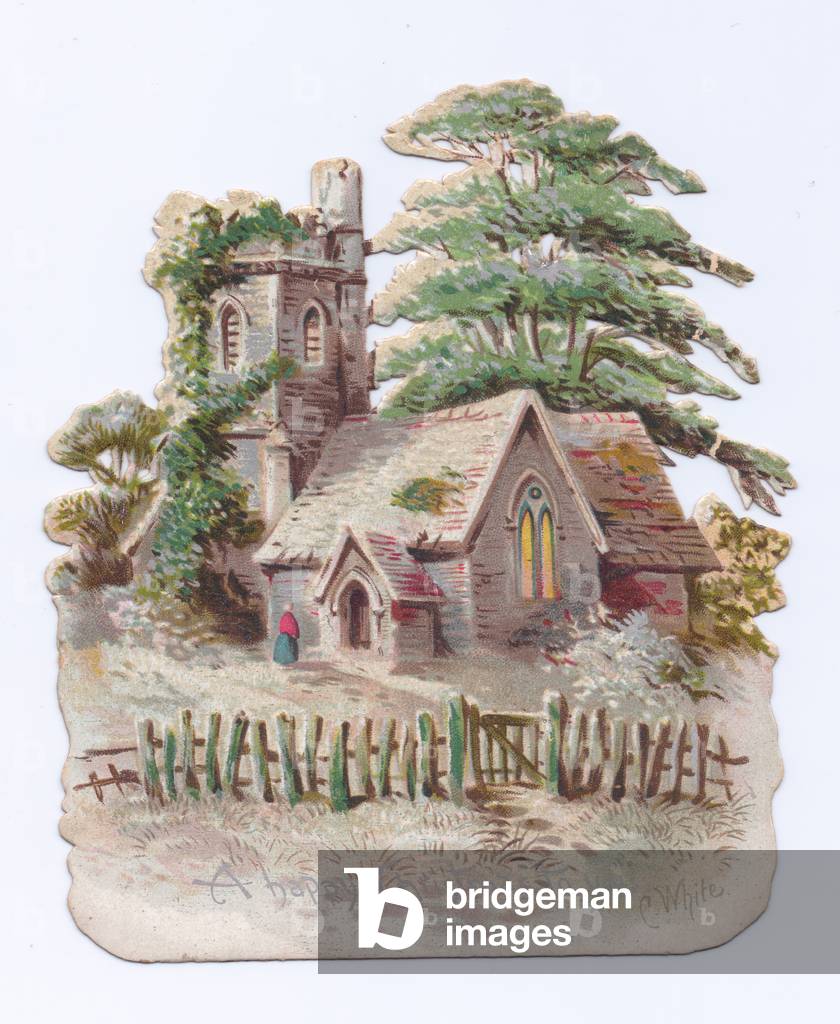 A Victorian die-cut shape Christmas card of a church, c.1880 (colour litho)