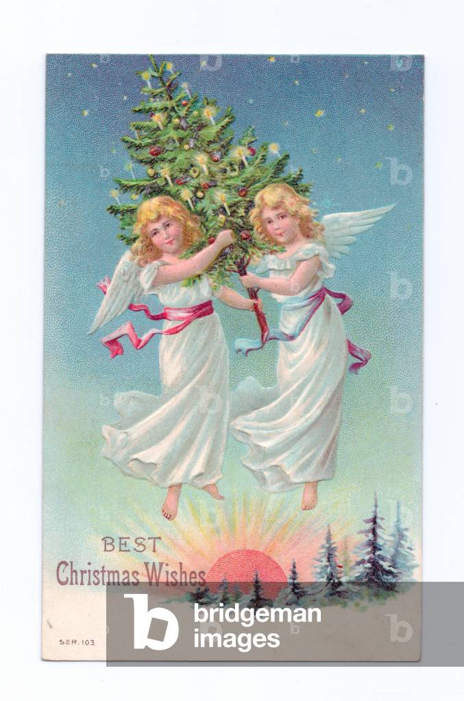 EdwardianChristmas postcard of two flying angels holding a Christmas tree, c.1910 (colour litho)