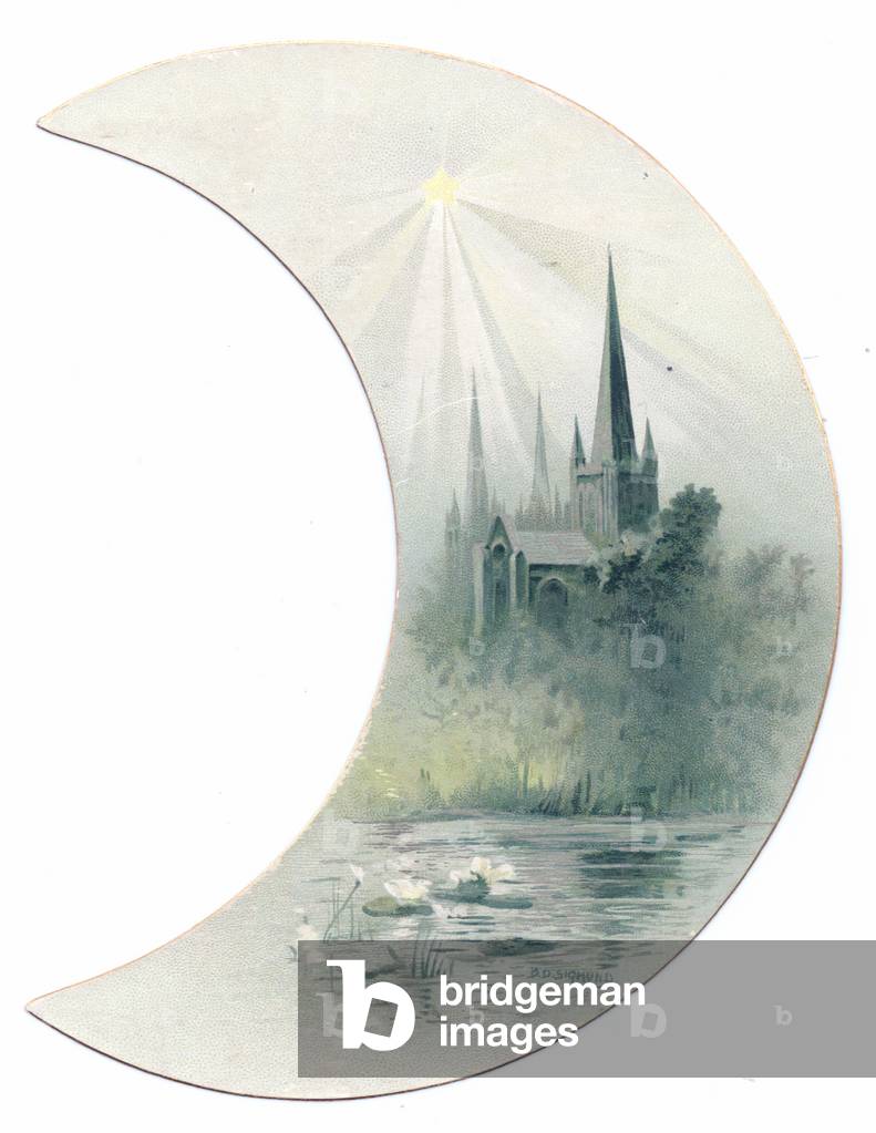 Victorian crescent shaped greeting card of a church near a lake on a slightly foggy day, c.1880 (colour litho)