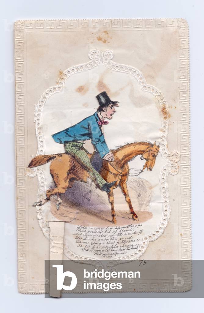 A Victorian hand coloured engraved and embossed mechanical Valentine card of a man on a horse with the man moving back and forth when the tab is pulled, c.1860 (colour litho)