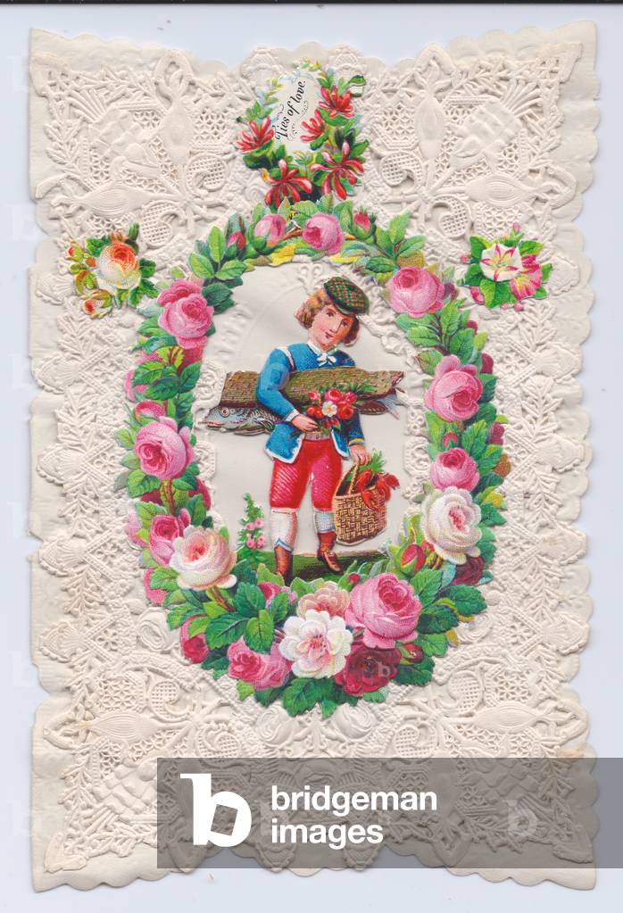 A Victorian embossed greeting card of a boy in the centerpiece holding a fish in a case and a lobster in a basket surrounded by a wreath of roses and leaves, c.1880 (colour litho)