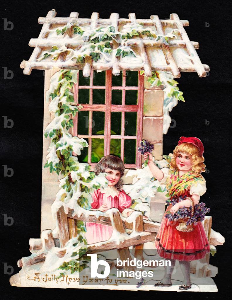 A Victorian die cut three dimensional New Year card of two girls playing outside a hut, one holding a basket of violets in the snow, c.1880 (colour litho)