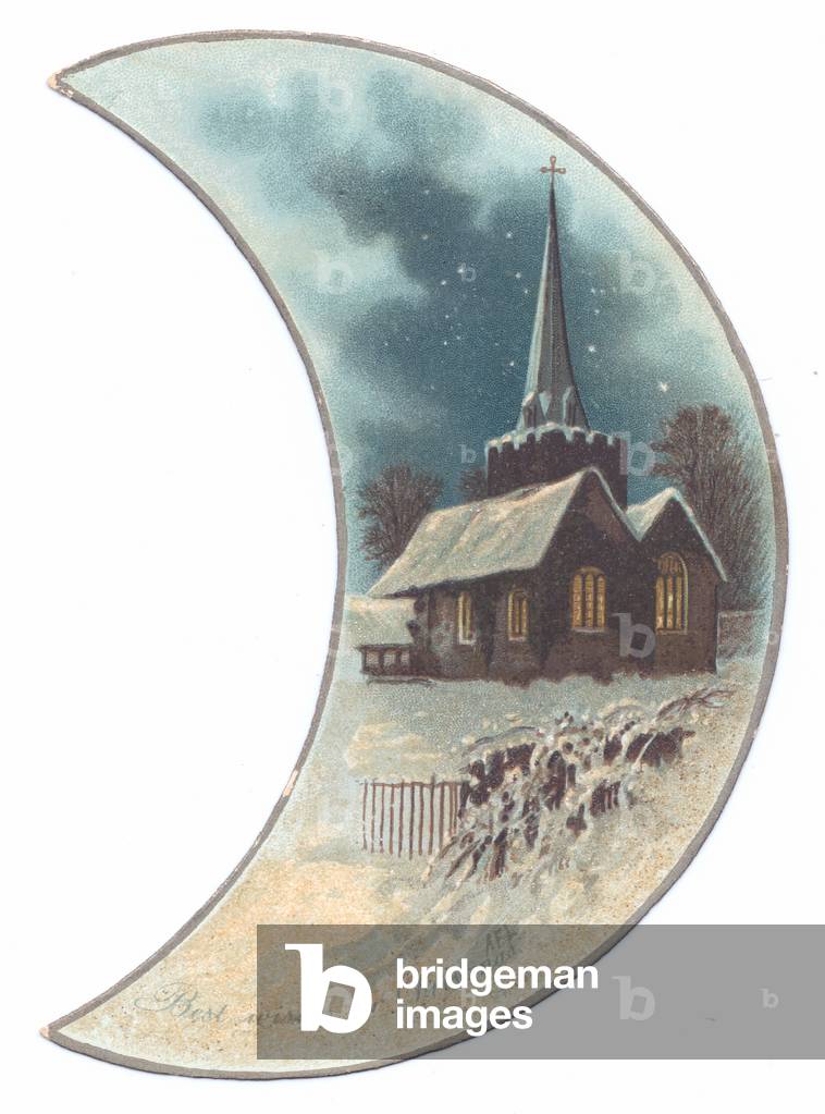Victorian crescent shaped Christmas card of a church on a snowy starry night, c.1880 (colour litho)