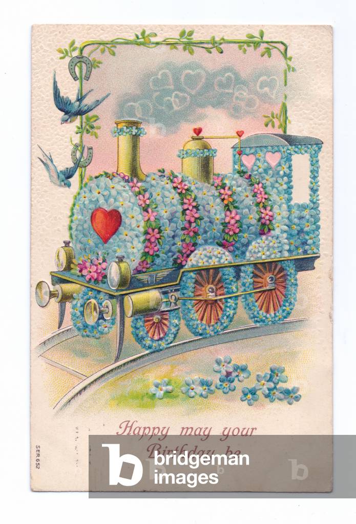 Edwardian birthday postcard of a train decorated with forget-me-nots, c.1910 (colour litho)