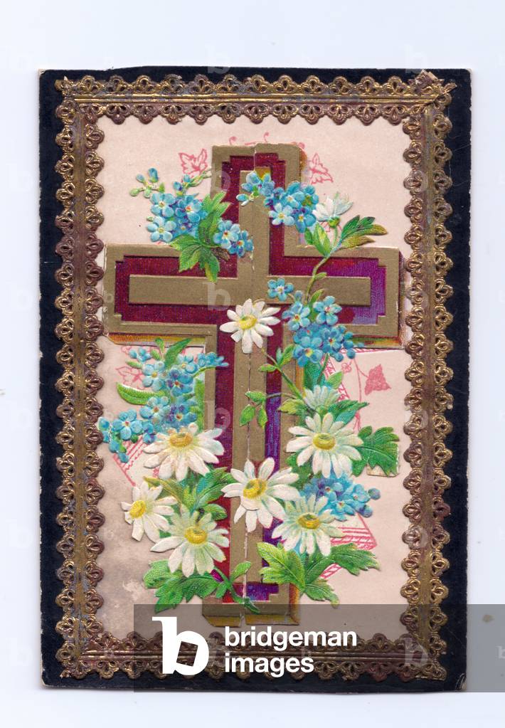 A Victorian religious greeting card of a cross decorated with forget-me-nots and daisies with a gold embossed border, c.1880 (colour litho)