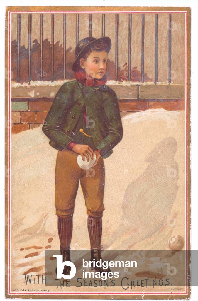 A Victorian greeting card of a boy halding a snowball, c.1880 (colour litho)