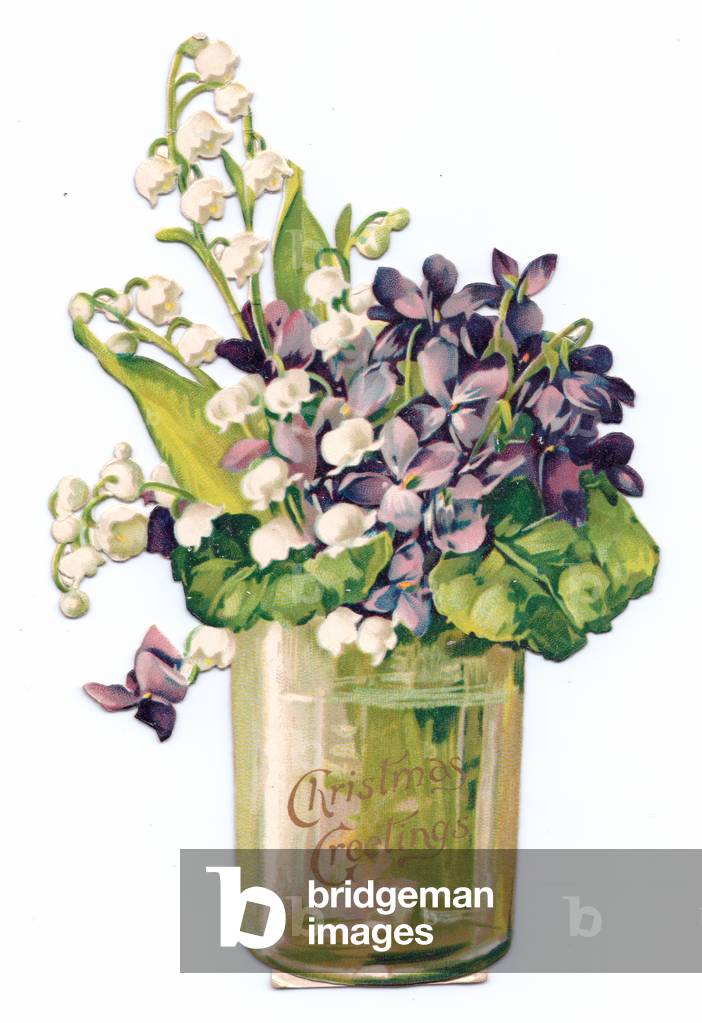 A Victorian die-cut shape Christmas card of lily of the valley and violets in a vase, c.1880 (colour litho)