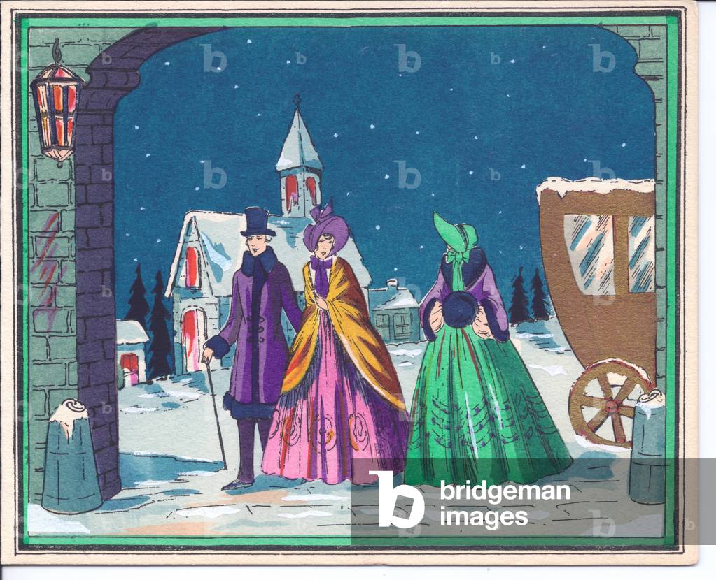 A hand-coloured French PochoirChristmas card of a man and two ladies in the snow, circa 1920 (stencil)