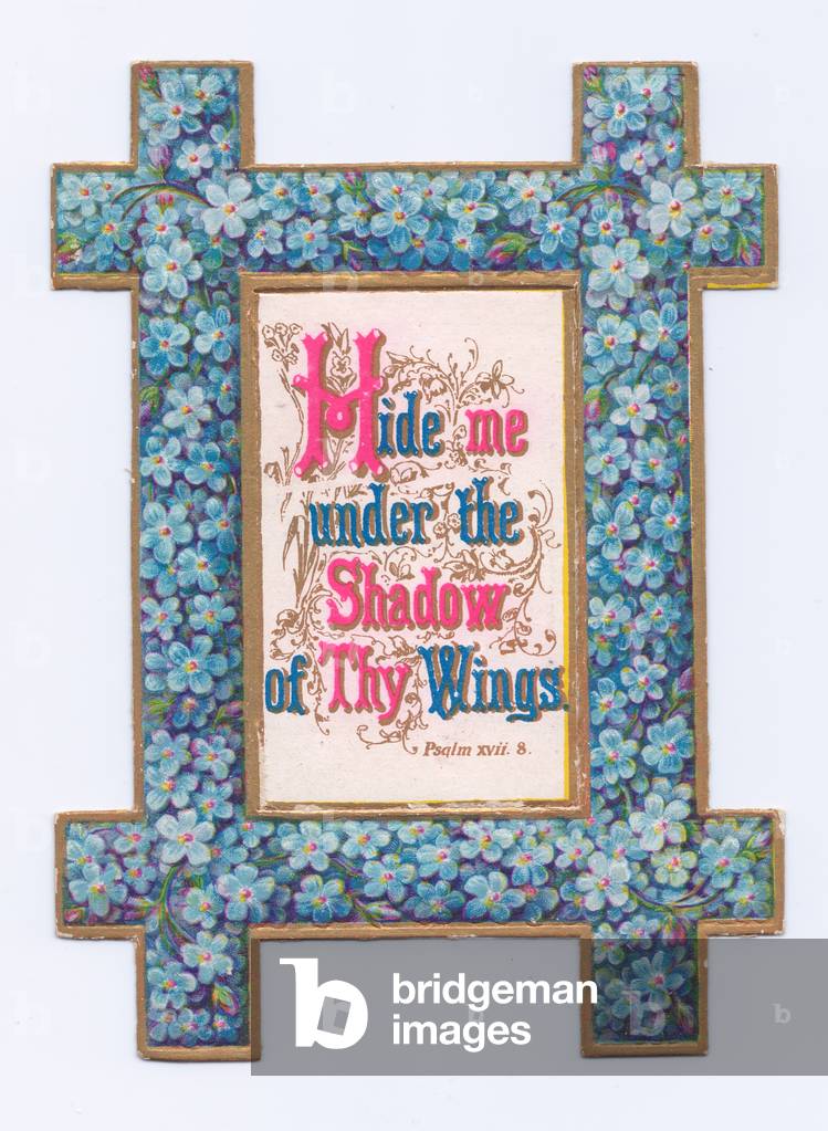 A Victorian die-cut shape card of forget-me-nots surrounding psalm 8, c.1880 (colour litho)