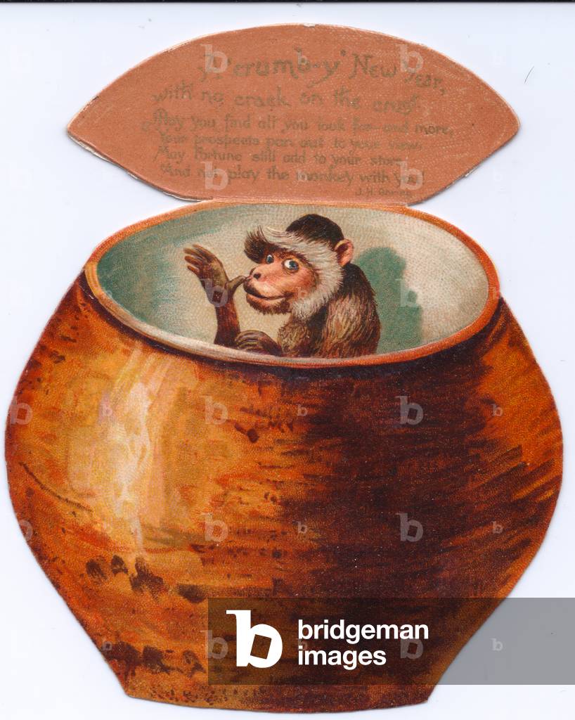 The inside of a Victorian die cut New Year card depicting a monkey in a ceramic pot, c 1880 (colour litho)