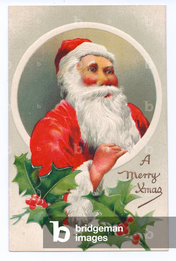 Edwardian Christmas postcard of Father Christmas and two sprigs of holly, c.1910 (colour litho)