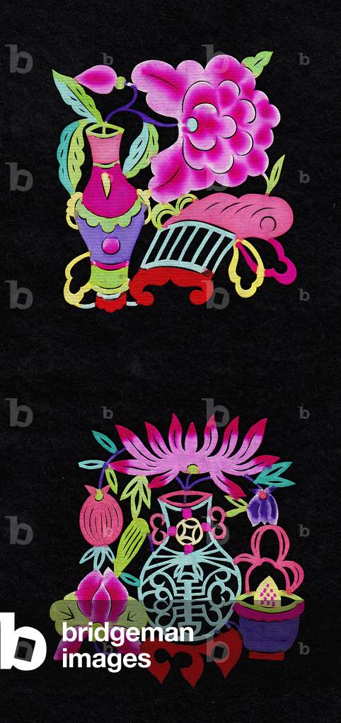 Chinese paper-cut of a peony, lotus flower and vase, c.1960 (hand-coloured and hand-cut)