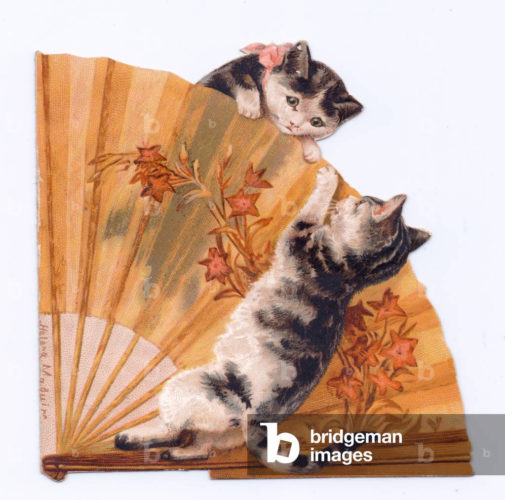 A Victorian greeting card of two kittens playing with a folding fan, c.1880 (colour litho)