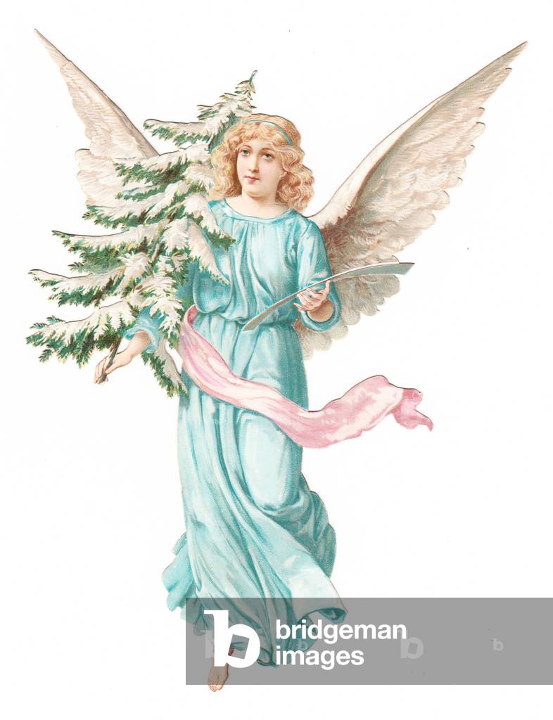 A Victorian Paper Scrap Relief of an angel holding a Christmas tree, c.1880 (colour litho)