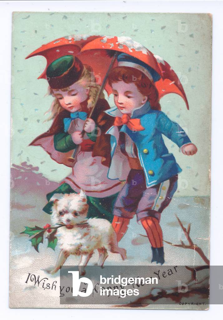 A Victorian New card of two children shielding against the wind under an umbrella and a puppy with a sprig of holly in it's mouth, c.1880 (colour litho)