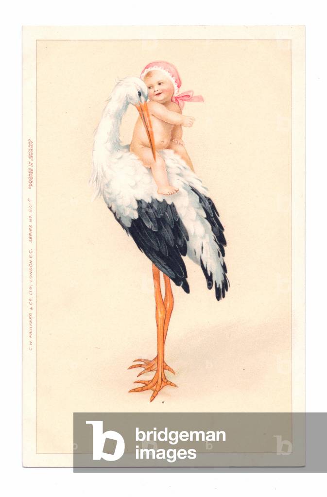 Edwardian postcard of a stork with a baby girl on its back, c.1910 (colour litho)