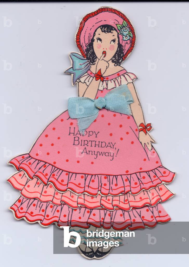 A die-cut Birthday Card in the shape of a girl in a frilly dress with an apologic expression, circa 1910 (coloured lithograph)