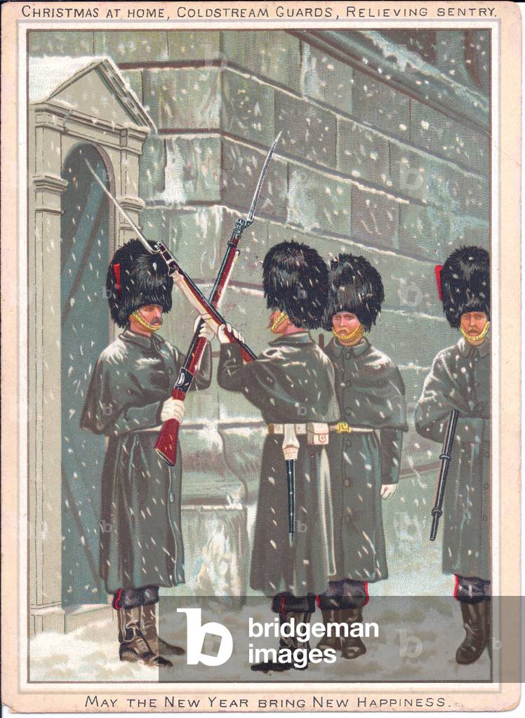 A Victorian New Years card of the Royal Horse Guards in the snow changing the guard, circa 1880 (coloured lithograph)