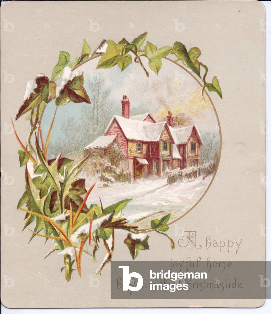 A Victorian Christmas card of a house in a snowy landscape framed by ivy, c.1880 (colour litho)