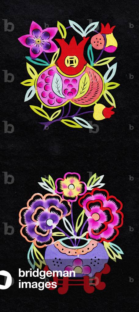 Chinese paper-cut of flowers in a vase on a stand, c.1960 (hand-coloured and hand-cut)