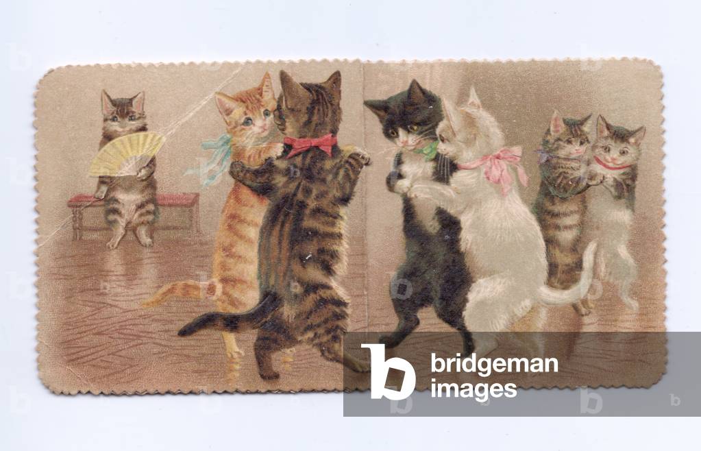 A Victorian greeting card of cats dancing with each other, c.1880 (colour litho)