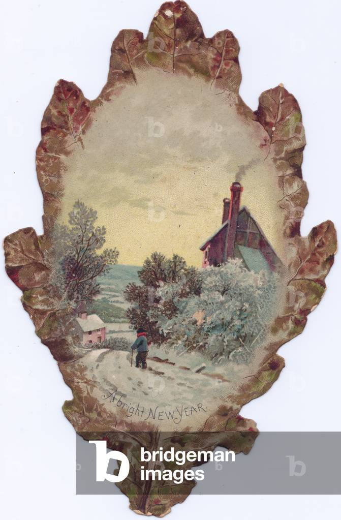 A Victorian die-cut shape New Year  card of an oak leaf with an image of a snowy scene at sunset on it, c.1880 (colour litho)