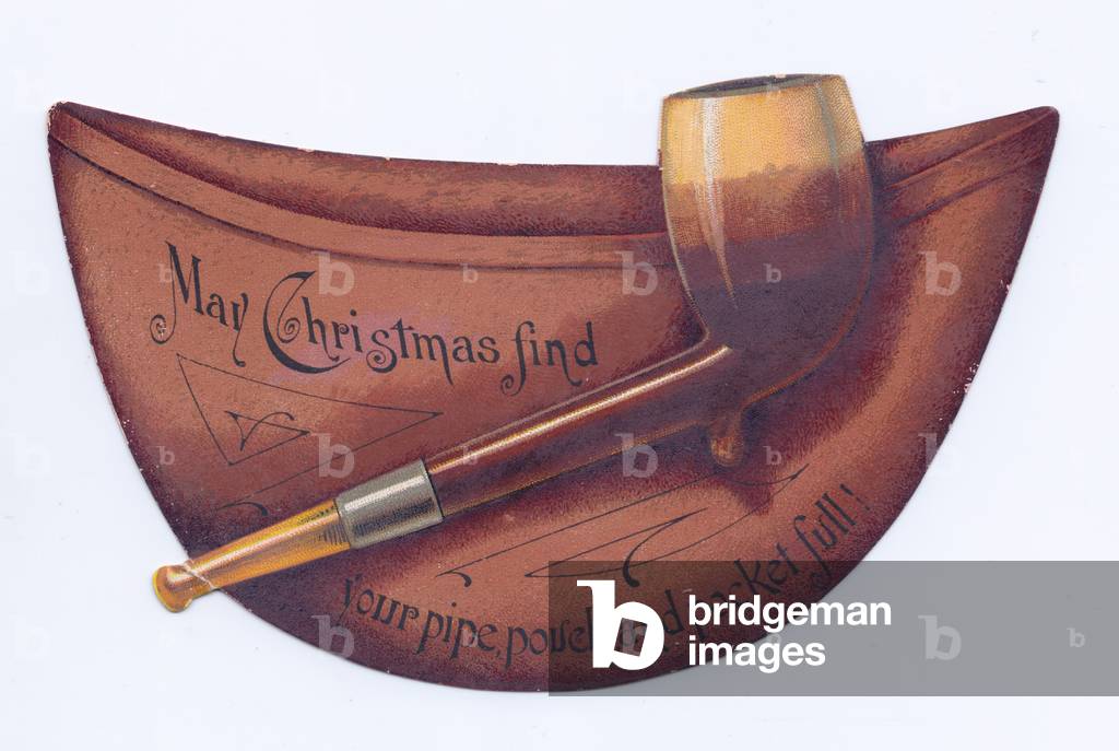 A Victorian die-cut shape Christmas card of a pipe and a pipe pouch, c. 1880 (colour litho)