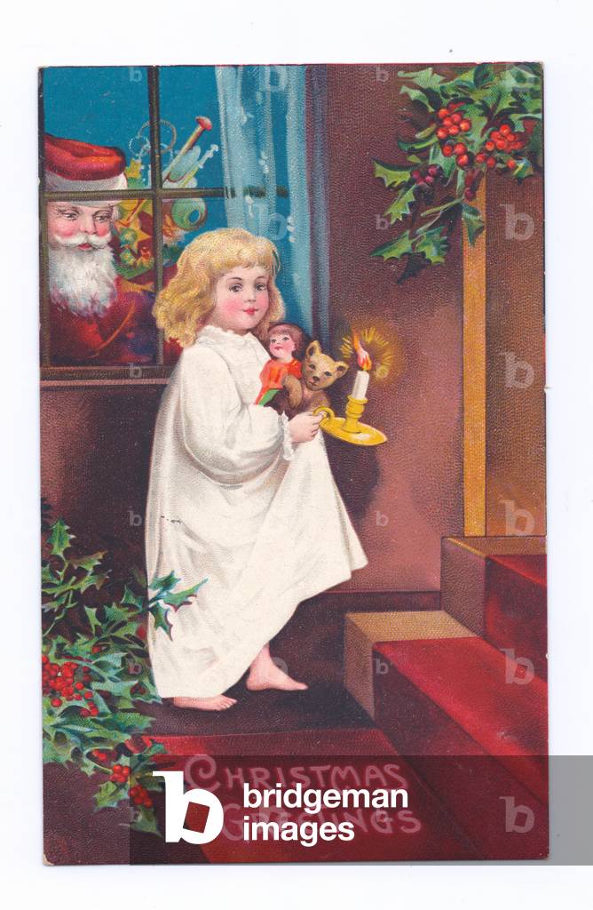 Edwardian Christmas postcard of Father Christmas looking at a little girl climbing the stairs, c.1910 (colour litho)
