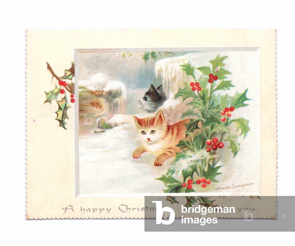 A Victorian Christmas card of two kittens in the snow, c.1880 (colour litho)