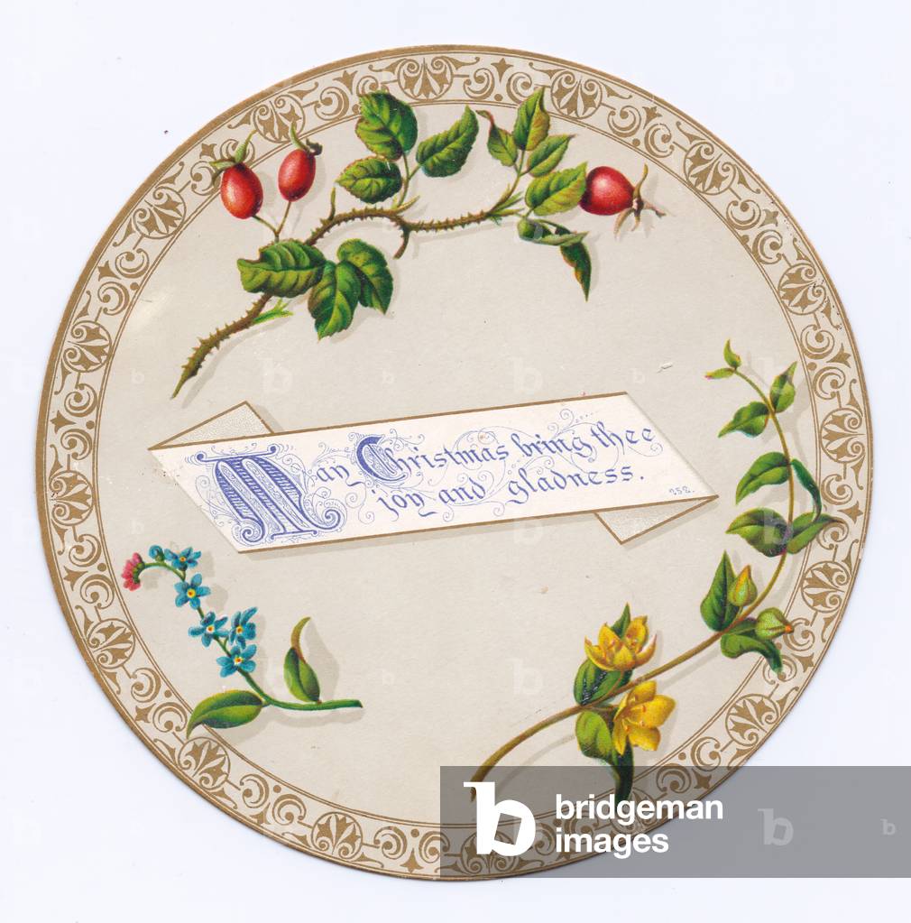 A Victorian die-cut shape Christmas card of a plate with flowers on it, c.1880 (colour litho)