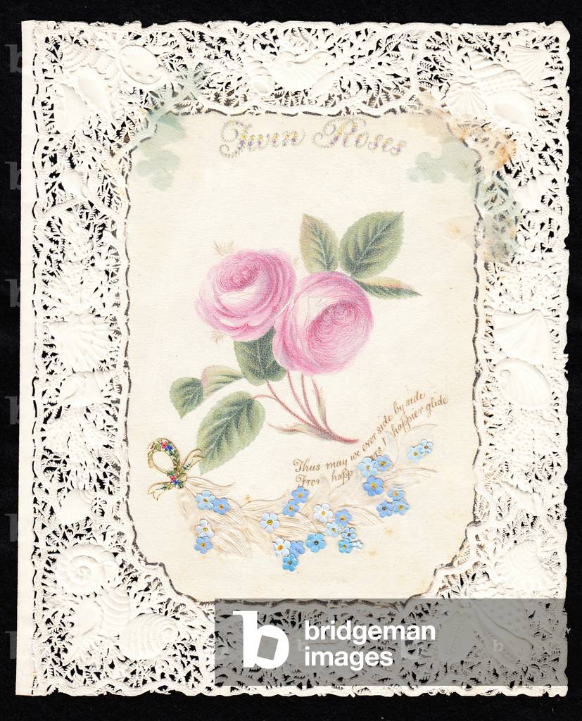 A Victorian paper lace Valentine card of roses and forget-me-nots, c.1870 (colour litho)