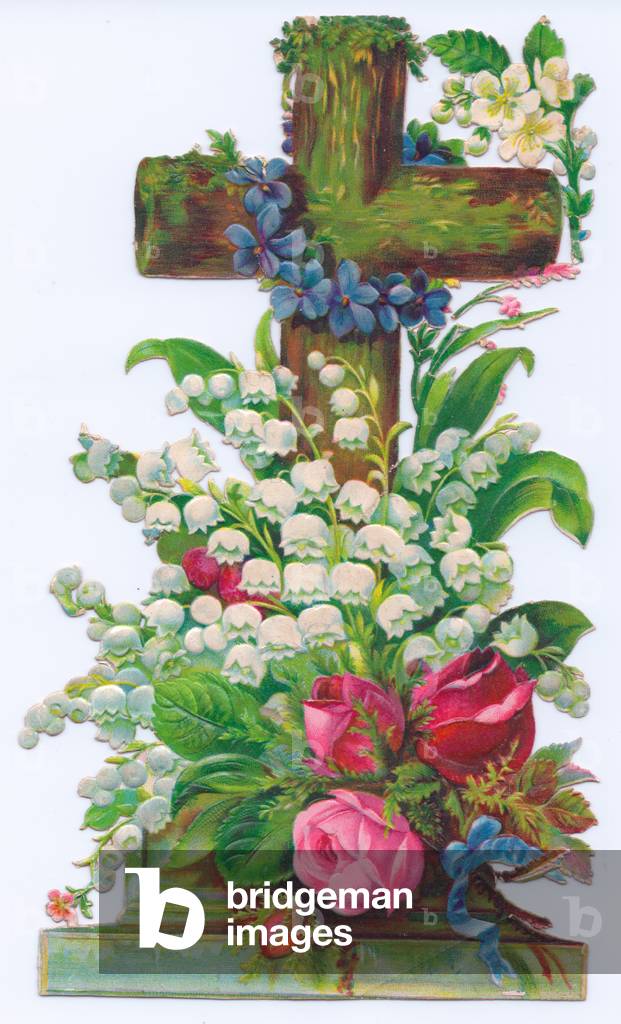 A Victorian religious greeting card of a cross decorated with roses, lily of the valley and violets, c.1880 (colour litho)