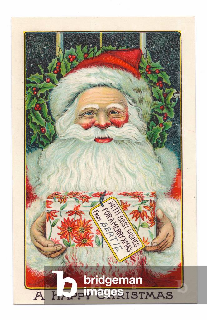 Edwardian Christmas postcard of Father Christmas holding a gift, c.1910 (colour litho)