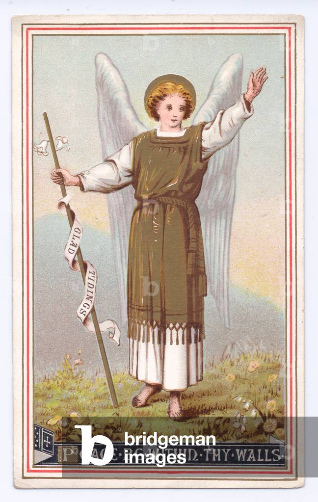 Victorian greeting card of an angel with raised hand holding a rod, c. 1880 (colour litho)