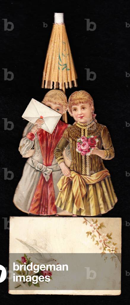 A Victiorian die cut pop up greeting card of two girls holding an envelope and a bouquet of roses, c.1880 (colour litho)