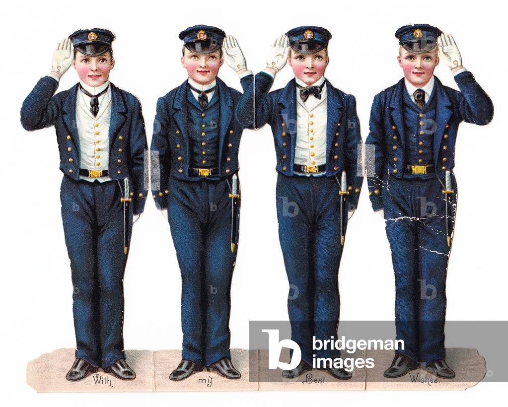 A Victorian die cut greeting card in the shape of four young men in naval uniforms saluting, c 1880 (colour litho)