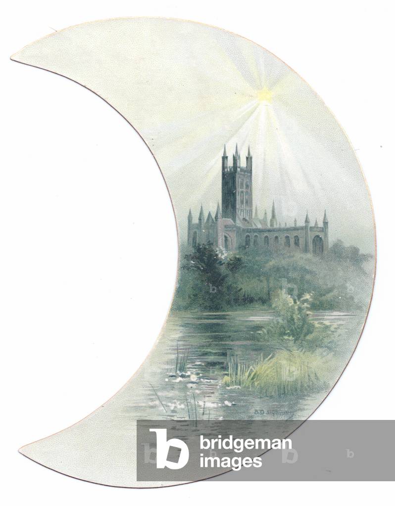 Victorian crescent shaped greetings card of a cathedral near a lake on a slightly foggy day, c.1880 (colour litho)