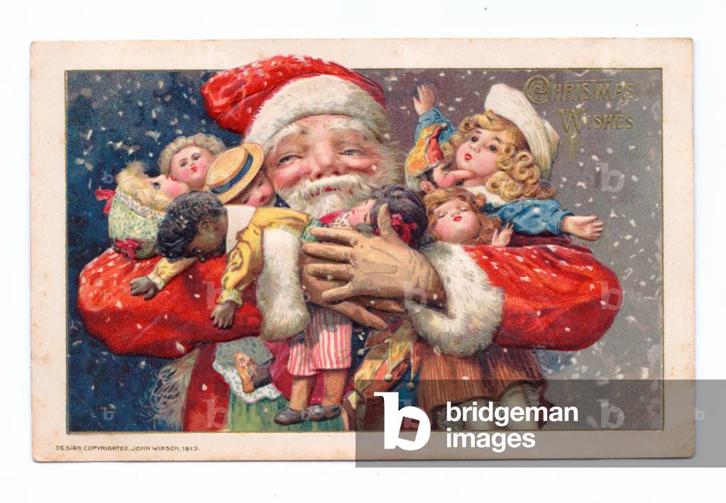 Edwardian Christmas postcard of Father Christmas holding lots of toys in his arms, c.1910 (colour litho)