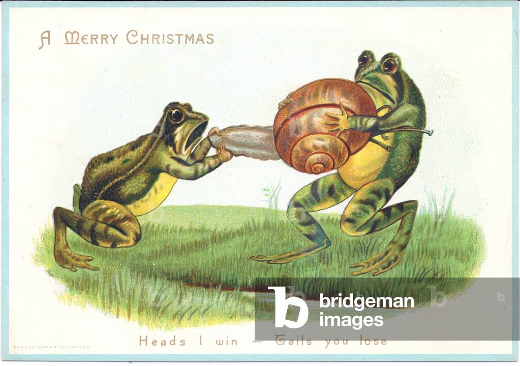 A Victorian Christmas card of two frogs having a tug-a-war with a snail, c.1880 (colour litho)