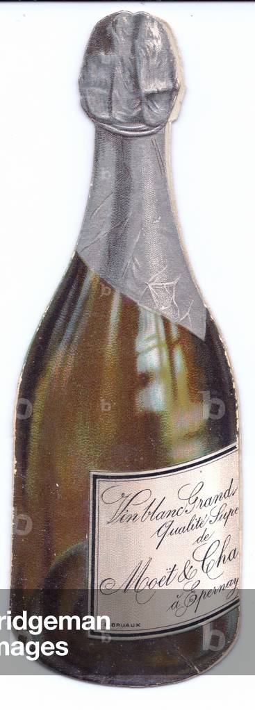 A Victorian die cut greeting card in the shape of a champagne bottle, c 1880 (colour litho)