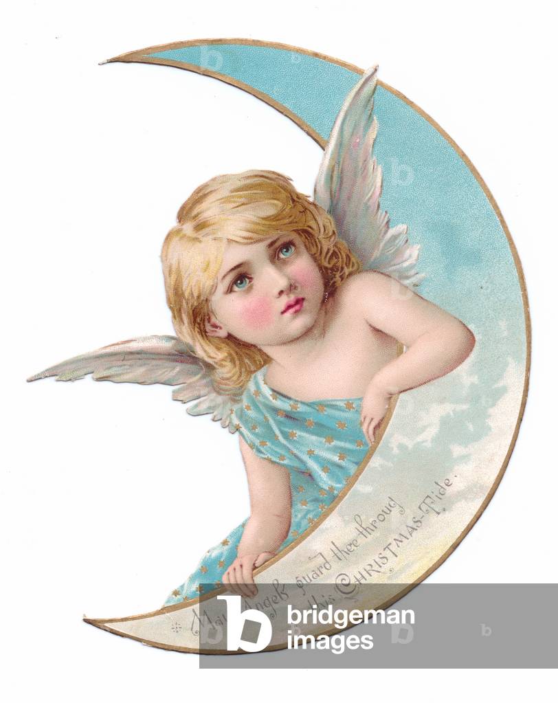 Victorian crescent shaped Christmas card of an angel leaning on the crescent shaped moon, c.1880 (colour litho)