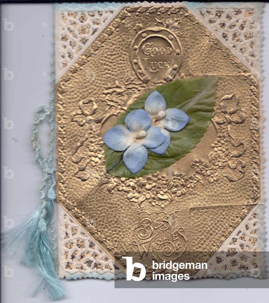 A Good Luck greeting Card made out of embossed paper leaves and petals, circa 1910 (paper)