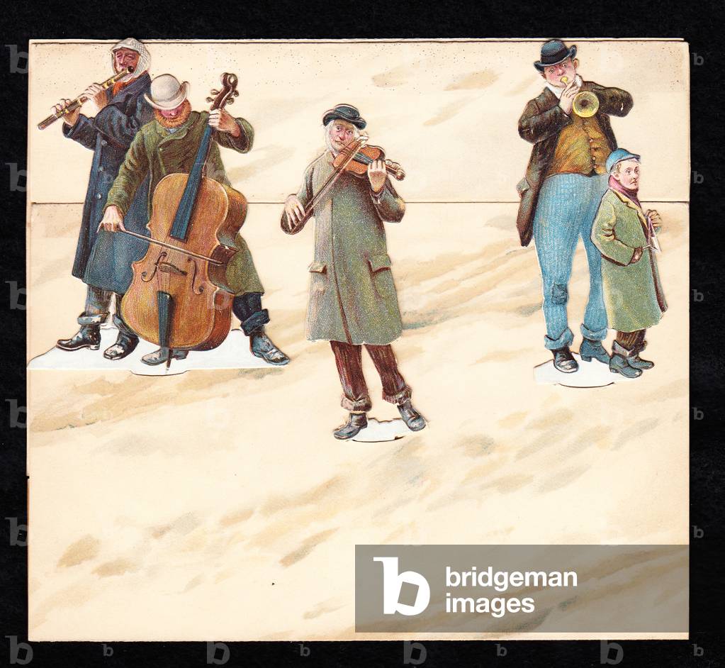 A Victorian three dimensional greeting card of street musicians playing musical instruments, c.1880 (colour litho)