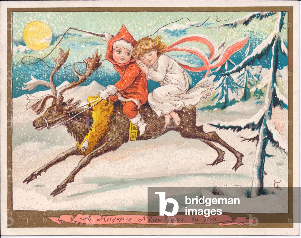 A Victorian New Year card of a girl and boy fairy astride a reindeer on a moonlit snowy night, c.1880 (colour litho)